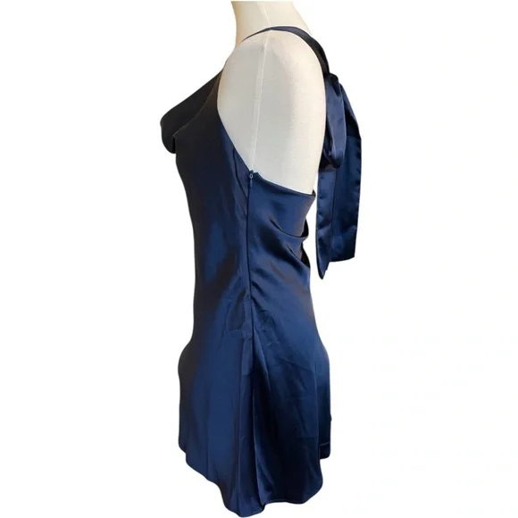 Navy Draped Cowl Neck Satin Sleeveless Dress - Picture 5 of 12